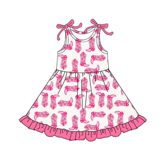 ( Moq 5 ) Preorder Baby Girl Pink Bow Sleeveless Boots Western Ruffle Knee Length Dress