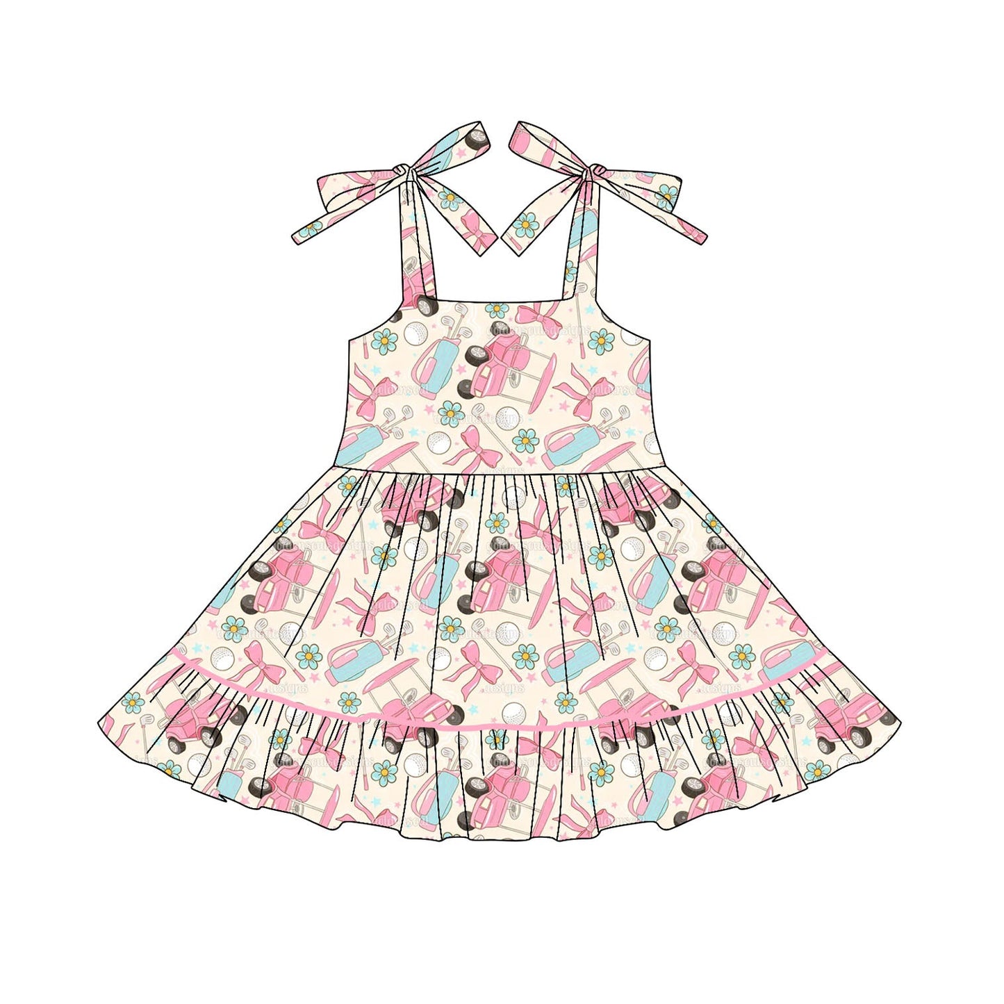( Moq 5 ) Preorder Baby Girl Straps Pink Bows Golf Flower Knee Length Dress
