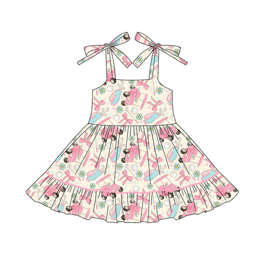 ( Moq 5 ) Preorder Baby Girl Straps Pink Bows Golf Flower Knee Length Dress