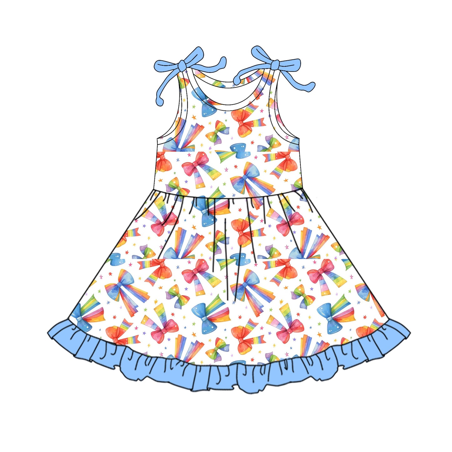 (Moq 5 ) Preorder Baby Girl Sleeveless Rainbow Bows Summer Knee Length Dress