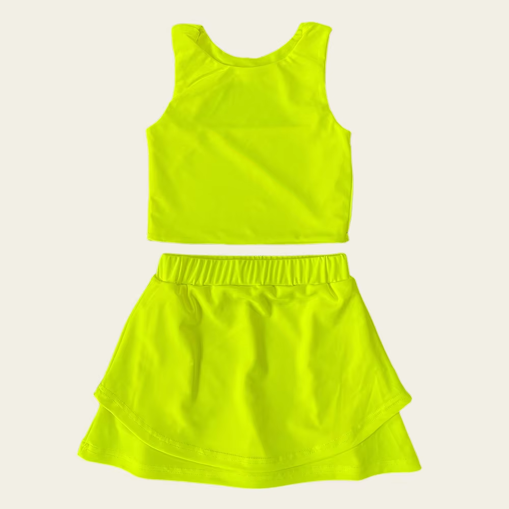 ( Moq 5 ) Preorder Baby Girl Sleeveless Vest Tops Shorts Skirt Skort Yoga Active Yellow Green Set