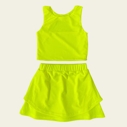( Moq 5 ) Preorder Baby Girl Sleeveless Vest Tops Shorts Skirt Skort Yoga Active Yellow Green Set