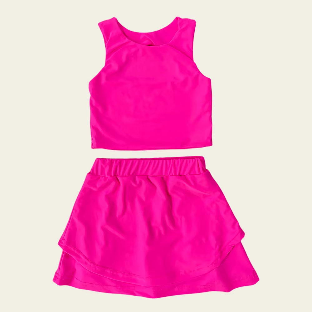 ( Moq 5 ) Preorder Baby Girl Sleeveless Vest Tops Shorts Skirt Skort Yoga Active Pink Set