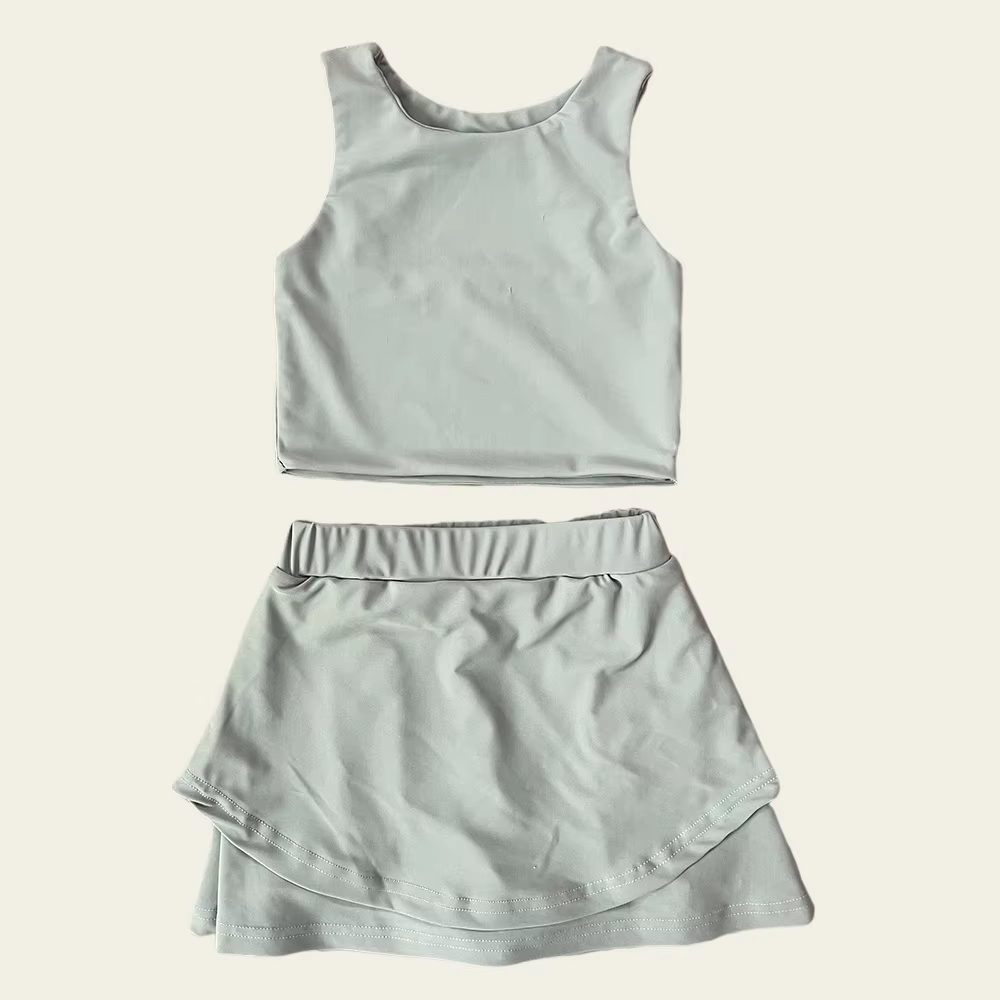 ( Moq 5 ) Preorder Baby Girl Sleeveless Vest Tops Shorts Skirt Skort Yoga Active Grey Green Set