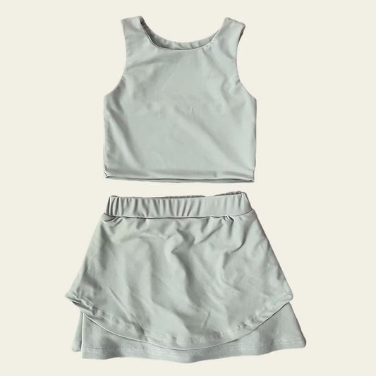 ( Moq 5 ) Preorder Baby Girl Sleeveless Vest Tops Shorts Skirt Skort Yoga Active Grey Green Set