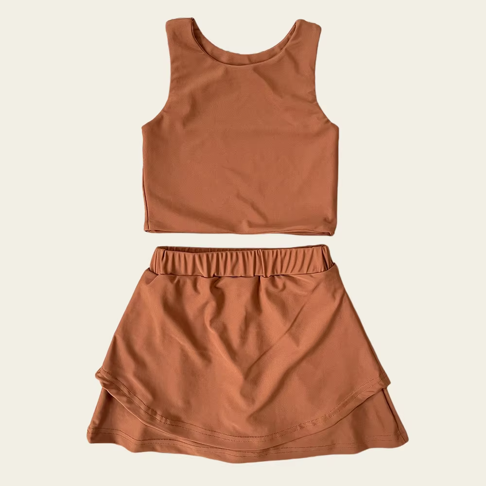( Moq 5 ) Preorder Baby Girl Sleeveless Vest Tops Shorts Skirt Skort Yoga Active Brown Set