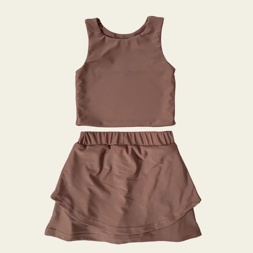 ( Moq 5 ) Preorder Baby Girl Sleeveless Brown Vest Tops Shorts Skirt Skort Yoga Active Set