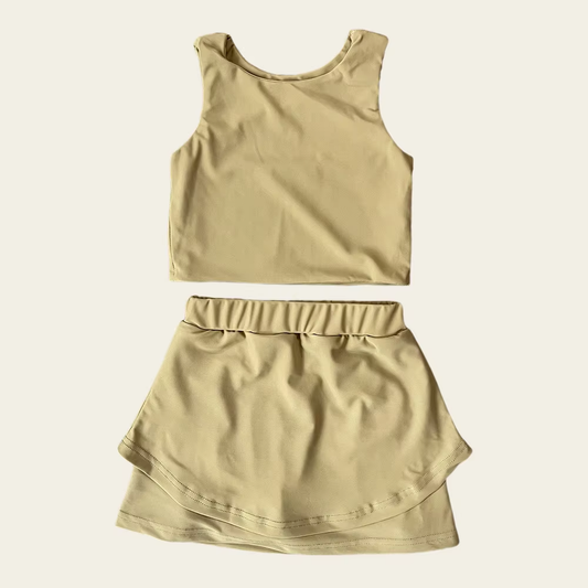 ( Moq 5 ) Preorder Baby Girl Sleeveless Khaki Vest Tops Shorts Skirt Skort Yoga Active Set