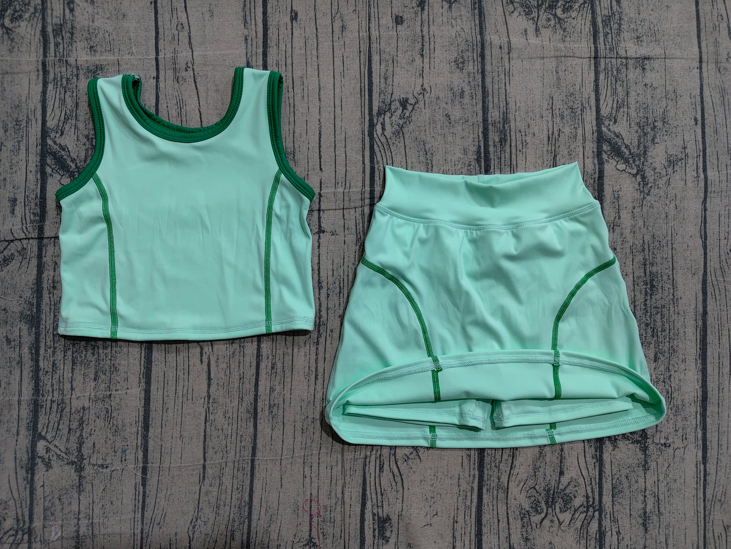 ( No moq ) Preorder Baby Girl Green Sleeveless Vest Tops Shorts Skirt Skort Yoga Active Set
