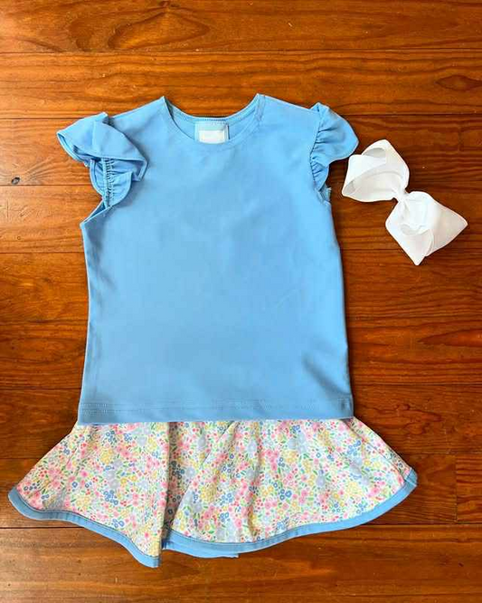 ( Moq 5 ) Preorder Baby Girl Short Sleeves Blue Cotton Shirt Floral Skirts Set