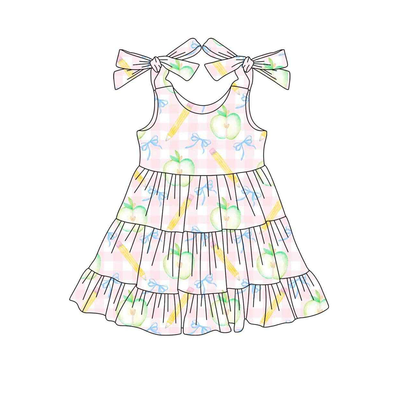 ( Moq 5 ) Preorder Baby Girl Straps Apple Bows Pencil Back To School Ruffle Dress