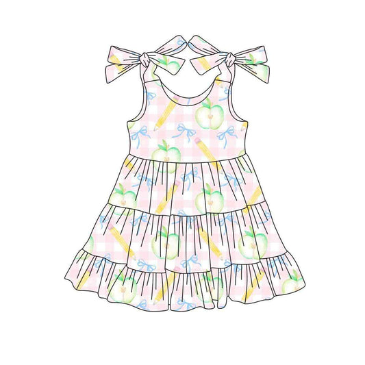 ( Moq 5 ) Preorder Baby Girl Straps Apple Bows Pencil Back To School Ruffle Dress