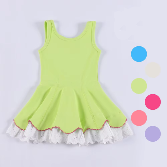 ( Moq 5 ) Preorder Baby Girl Sleeveless Yoga Active Lace Ruffle Lemon Green Knee Length Dress