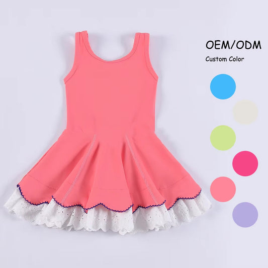 ( Moq 5 ) Preorder Baby Girl Sleeveless Yoga Active Lace Ruffle Watermelon Red Knee Length Dress
