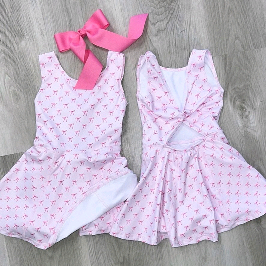 ( Moq 5 ) Preorder Baby Girl Sleeveless Pink Bows Yoga Active Skort Knee Length Dress