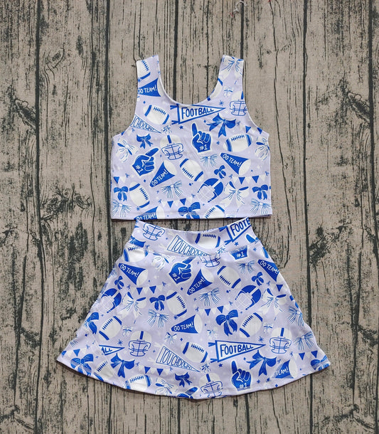 Preorder Baby Girl Shot Sleeves Football Blue Bows Cheer Tops Skort Team Yoga Active Set（ No moq ）
