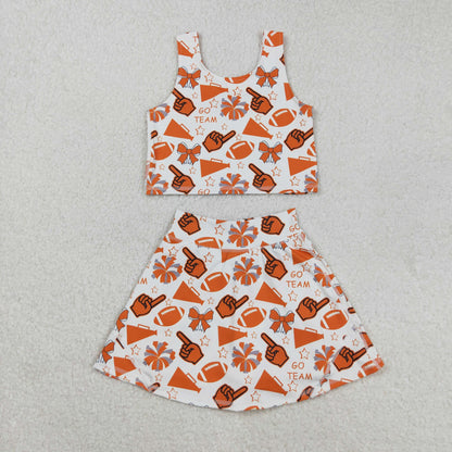 Sibling Girls Kids Orange Footballs Bows Cheer Yoga Skorts Set Buttons Milk Silk Pajamas Set