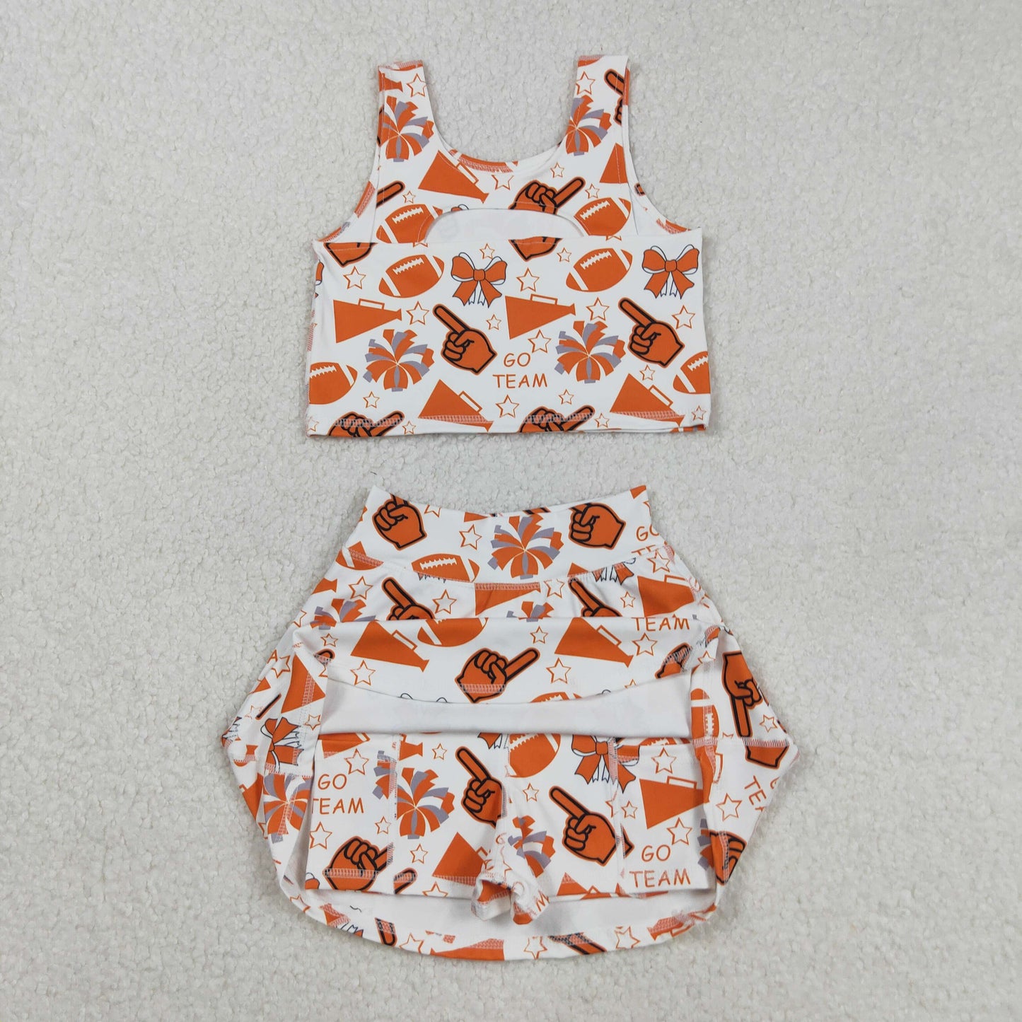 Sibling Girls Kids Orange Footballs Bows Cheer Yoga Skorts Set Buttons Milk Silk Pajamas Set