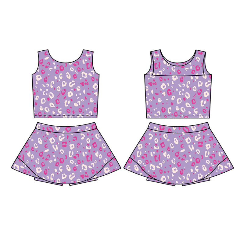 ( Moq 5 ) Preorder Baby Girl Sleeveless Leopard Vest Tops Skort Yoga Active Purple Outfit