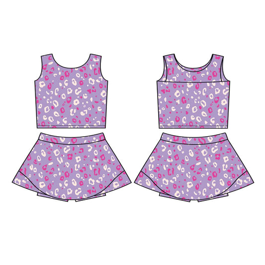 ( Moq 5 ) Preorder Baby Girl Sleeveless Leopard Vest Tops Skort Yoga Active Purple Outfit