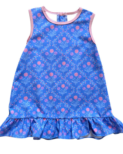 ( Moq 5 ) Preorder Baby Girl Sleeveless Flower Ruffle Knee Length Blue Dress