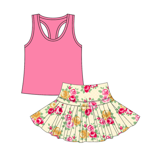 ( Moq 5 ) Preorder Baby Girl Sleeveless Pink Vest Tops Flower Skort Summer Yoga Active Outfit