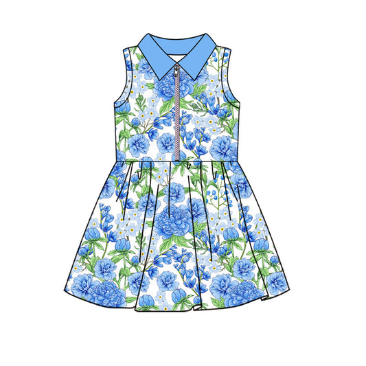 ( Moq 5 ) Preorder Baby Girl Sleeveless Blue Flower Zipper Knee Length Yoga Active Dress