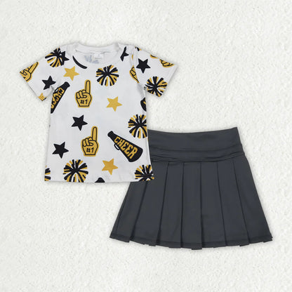Baby Girl Short Sleeves Cheer Shirt Yoga Skort Sibling Team Clothes Set RTS