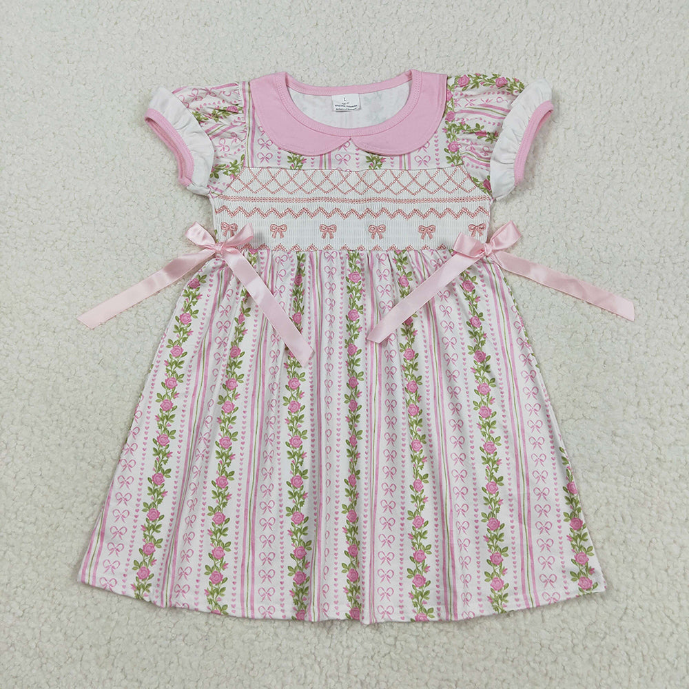 Baby Girl Short Sleeves Smocked Embroidery Flower Bows Sibling Romper Dress RTS