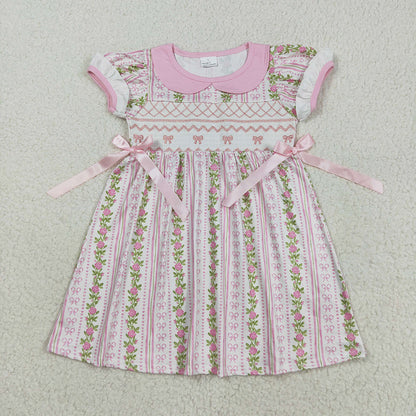 Baby Girl Short Sleeves Smocked Embroidery Flower Bows Sibling Romper Dress RTS