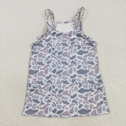 Girls Kids Straps Camo Pockets Yoga Active Grey Sibling Sister Knee Length Dress RTS