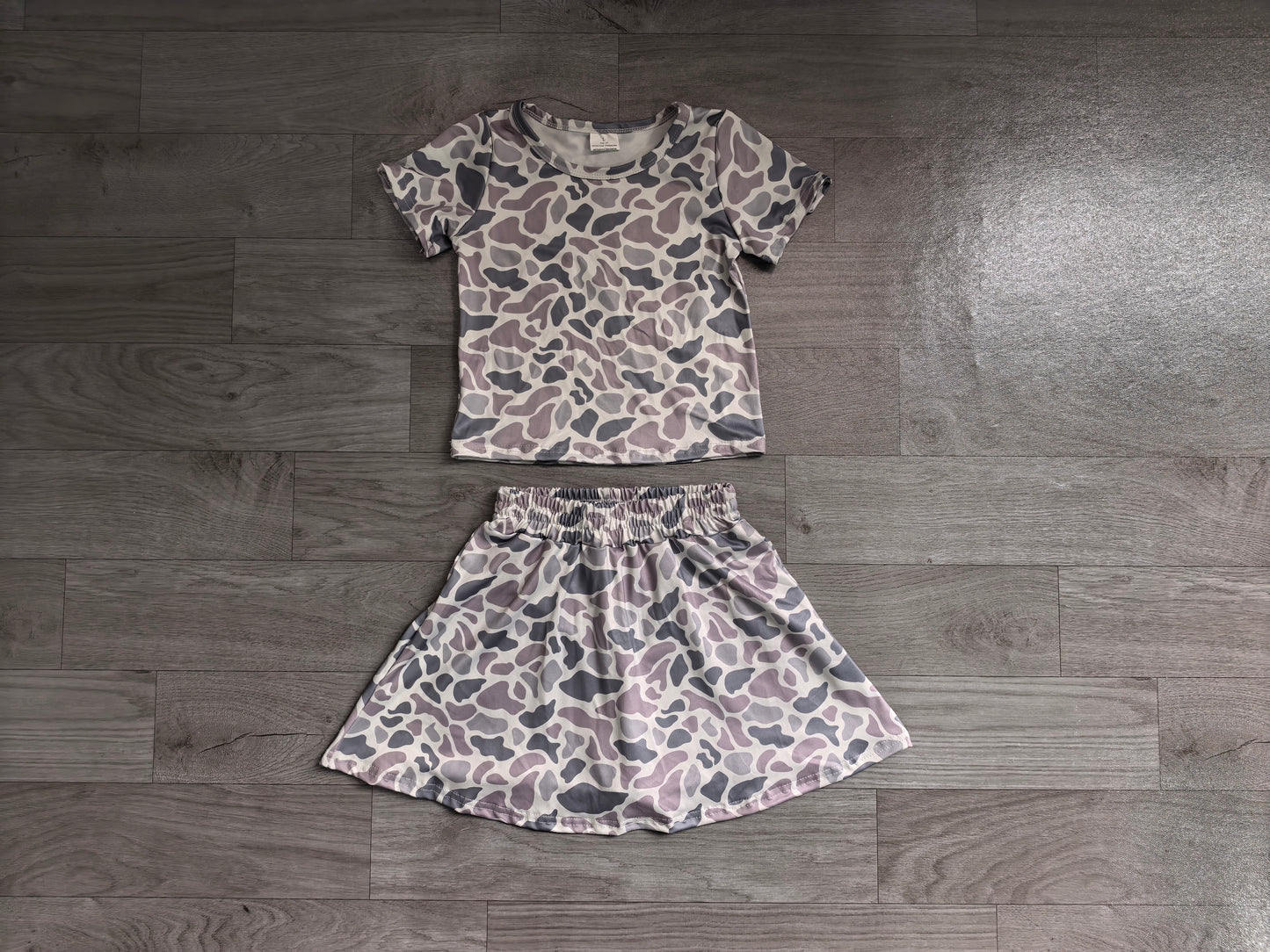 ( No moq ) Preorder Baby Girl Short Sleeves Grey Camo Shirt Skorts Set Summer Clothes