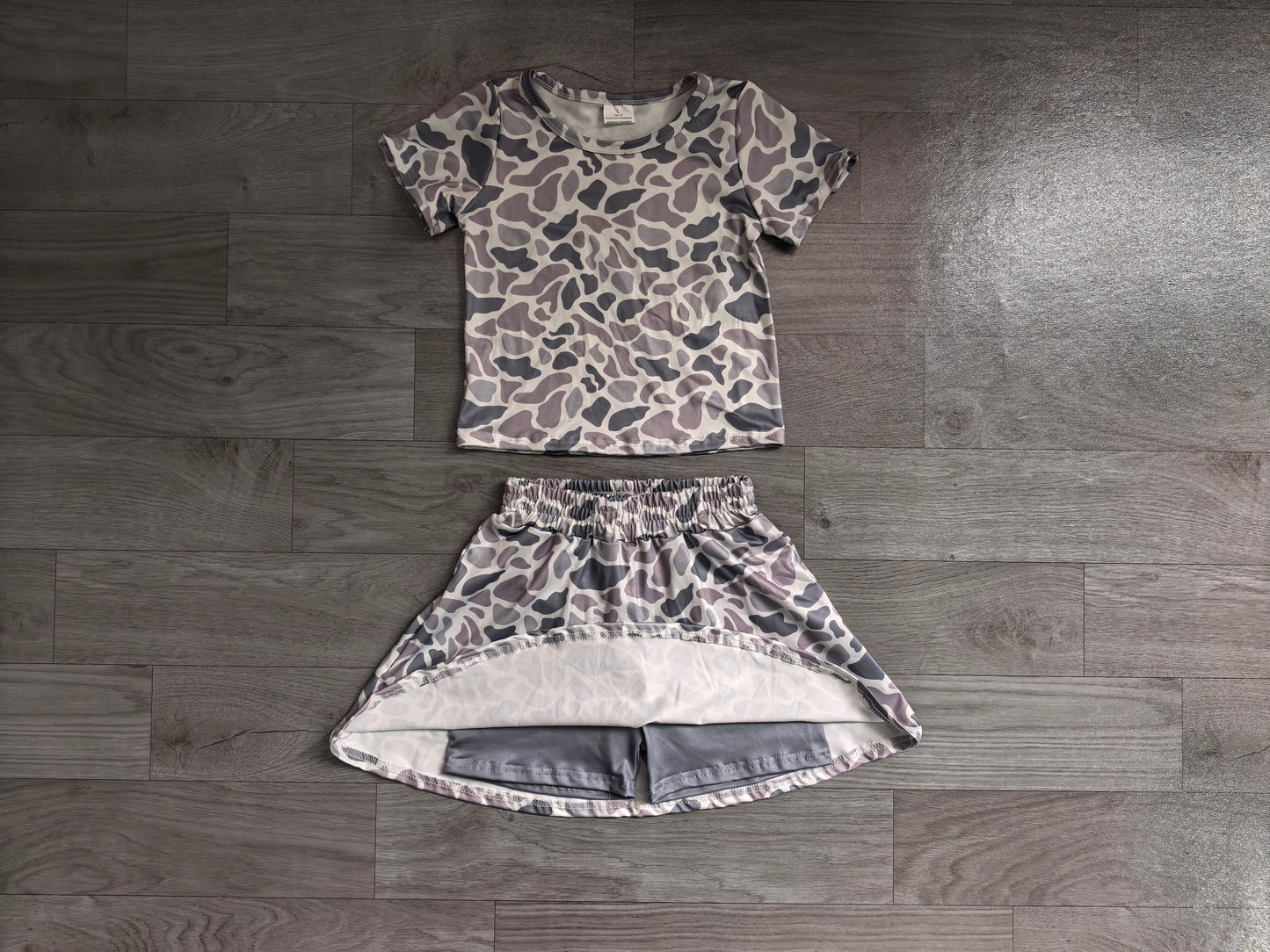 ( No moq ) Preorder Baby Girl Short Sleeves Grey Camo Shirt Skorts Set Summer Clothes