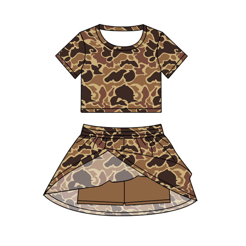 ( Moq 5 ) Preorder Baby Girl Short Sleeves Camo Shirt Skorts Brown Set Summer Clothes