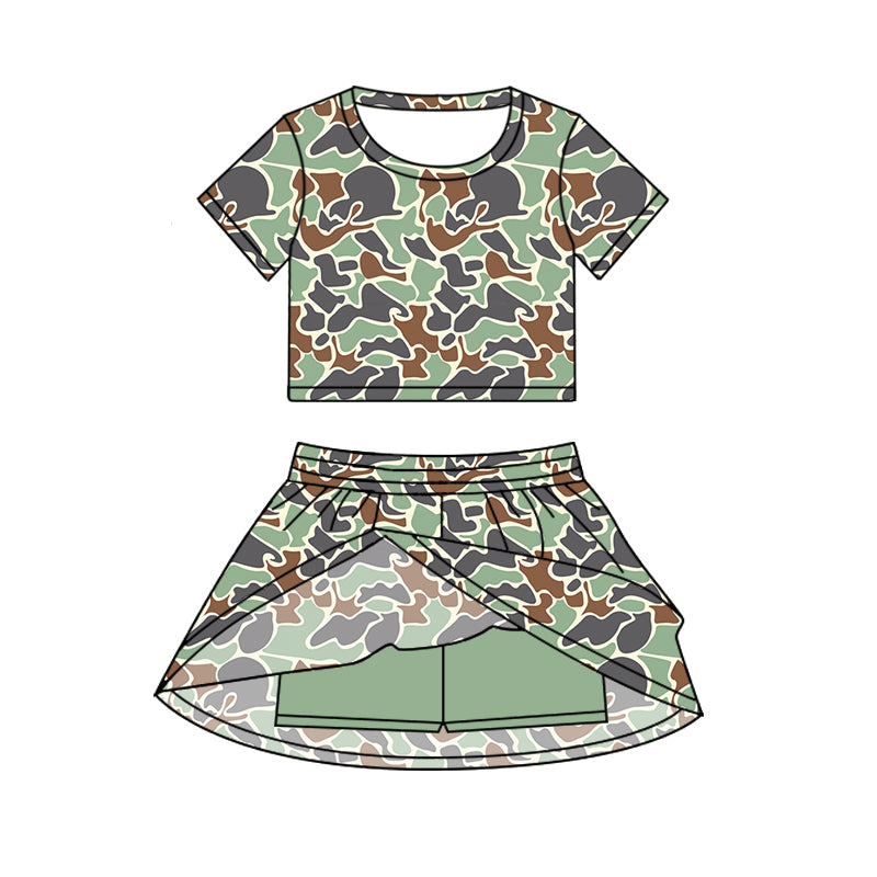 ( Moq 5 ) Preorder Baby Girl Short Sleeves Camo Shirt Skorts Green Set Summer Clothes