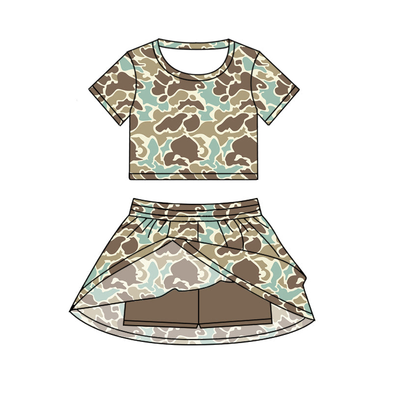 ( Moq 5 ) Preorder Baby Girl Short Sleeves Green Camo Shirt Skorts Set Summer Clothes