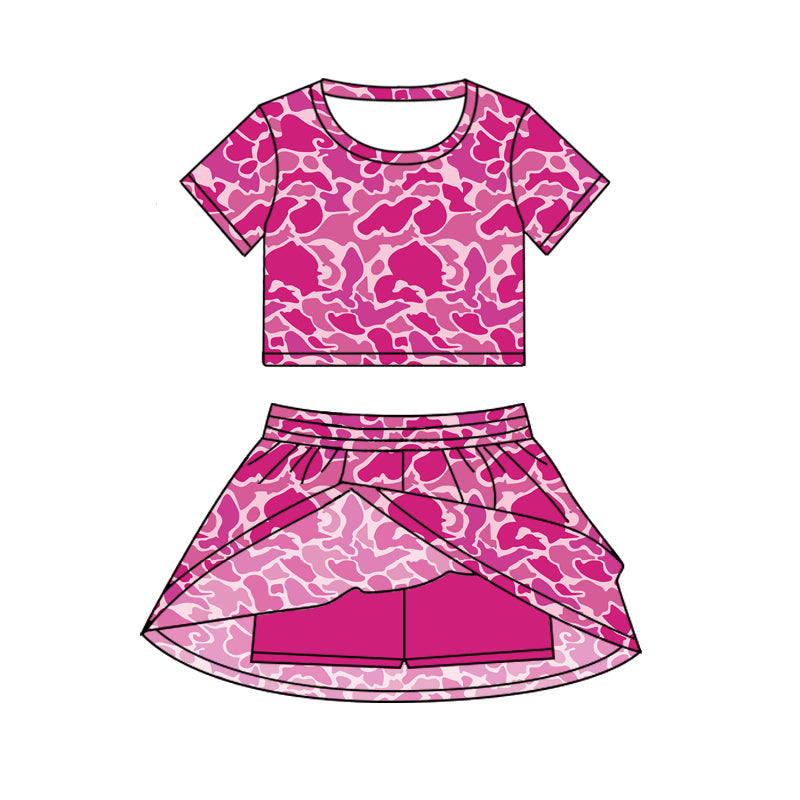 ( Moq 5 ) Preorder Baby Girl Short Sleeves Pink Camo Shirt Skorts Set Summer Clothes