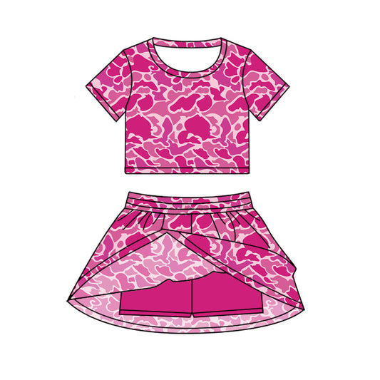 ( Moq 5 ) Preorder Baby Girl Short Sleeves Pink Camo Shirt Skorts Set Summer Clothes