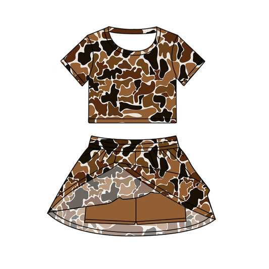 ( Moq 5 ) Preorder Baby Girl Short Sleeves Brown Camo Shirt Skorts Set Summer Clothes