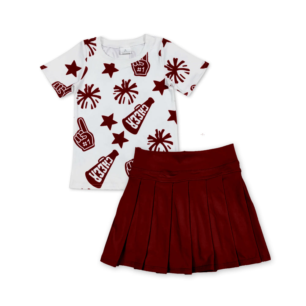 ( Moq 5 ) Preorder Baby Girl Short Sleeves Team Cheer Shirt Dark Red Shorts Skirt Skort Summer Yoga Active Outfit