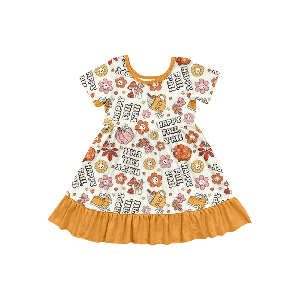( Moq 5 ) Preorder Baby Girl Short Sleeves Smile Flower Pumpkins Orange Ruffle Knee Length Fall Dress