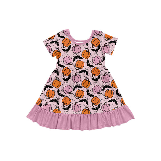 ( Moq 5 ) Preorder Baby Girl Short Sleeves Pumpkins Bats Halloween Ruffle Knee Length Dress