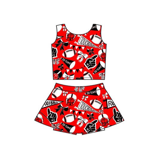 ( Moq 5 ) Preorder Baby Girl Sleeveless Bows Football Shirt Skirt Shorts Cheer Skort Yoga Active Red Set
