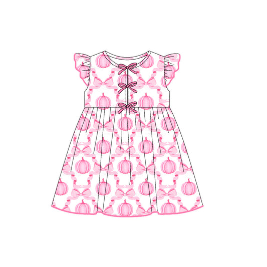 ( Moq 5 ) Preorder Baby Girl Short Sleeves Pink Pumpkins Bows Fall Knee Length Dress