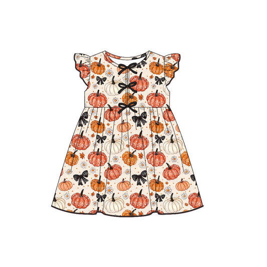 ( Moq 5 ) Preorder Baby Girl Short Sleeves Pumpkins Black Bows Flower Fall Knee Length Dress
