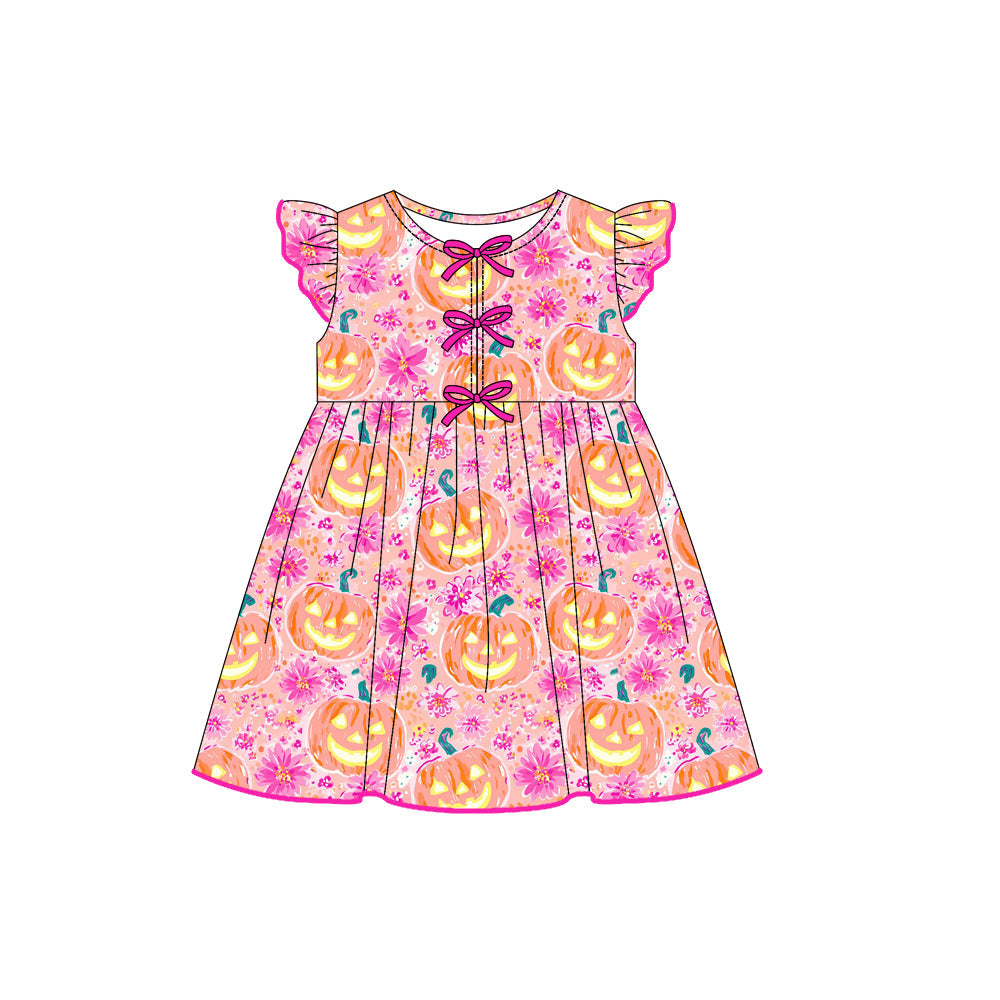 ( Moq 5 ) Preorder Baby Girl Short Sleeves Halloween Pumpkins Flower Bows Knee Length Dress