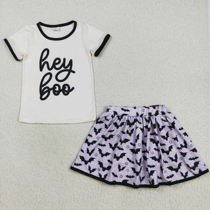 Girls Kids Short Sleeves Boo Shirt Bats Purple Skorts Sibling Halloween Set RTS