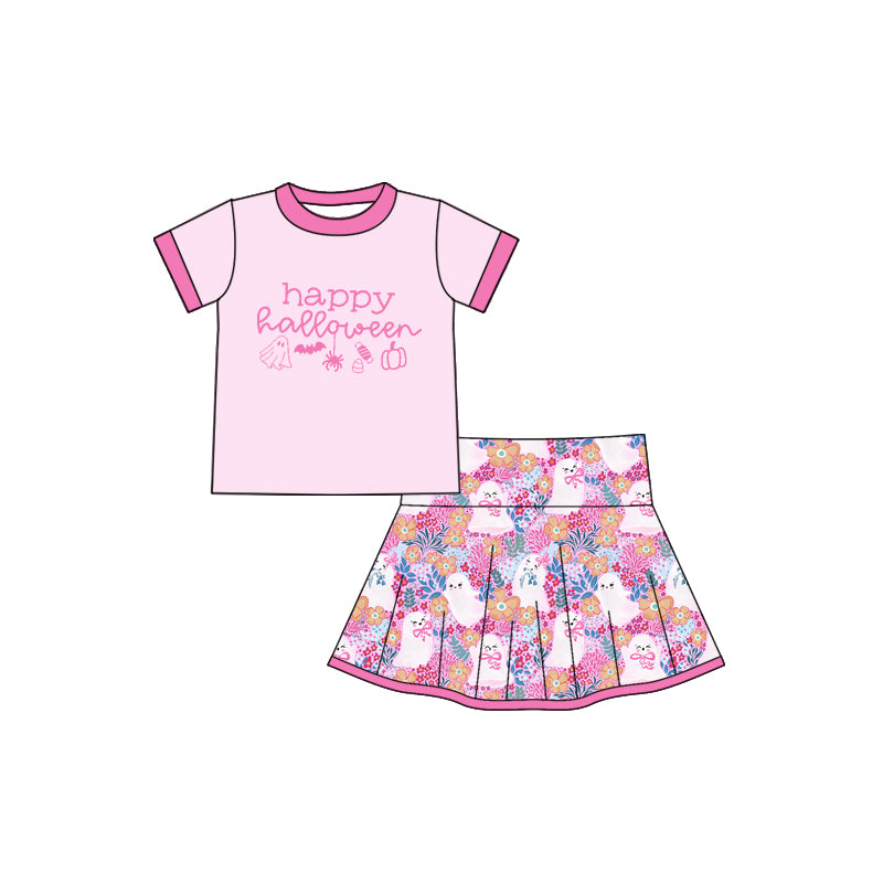 ( Moq 5 ) Preorder Baby Girl Short Sleeves Pink Shirt Ghost Flower Skorts Halloween Set