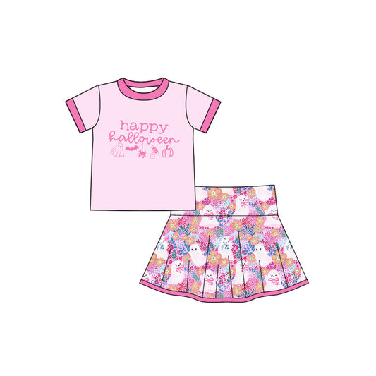 ( Moq 5 ) Preorder Baby Girl Short Sleeves Pink Shirt Ghost Flower Skorts Halloween Set