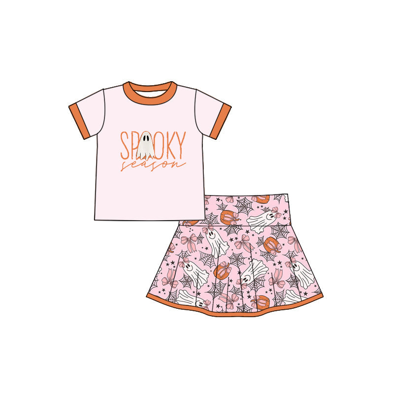 ( Moq 5 ) Preorder Baby Girl Short Sleeves Spooky Shirt Ghost Pumpkins Bows Skorts Halloween Set